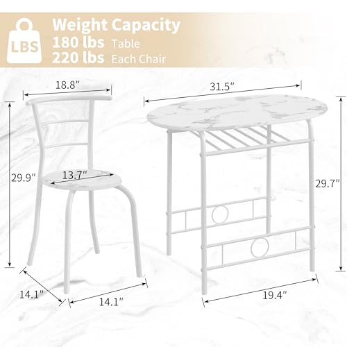 Image of VECELO 3-Piece Dining Table Set for Kitchen Breakfast Nook, Faux Marbled Oval Tabletop and Metal Frame with Built-in Wine Rack, for Small Spaces, White