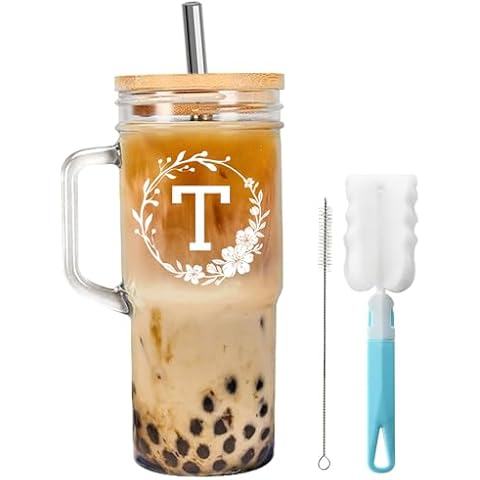KWOLYKIM Personalized 24oz Glass Tumbler with Bamboo Lid and Straw, Initial Iced Coffee Cup Mason Jar with Handle Drinking Jar Reusable Glass Tea Cup for Friend Family Women Birthday Gifts (T) Cover