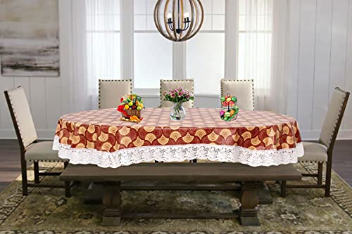 Image of The Furnishing Tree Waterproof PVC Oval Shaped 10 Seater Table Cover WxL 60x120 inches Counterchange Pattern Brick with White Border lace