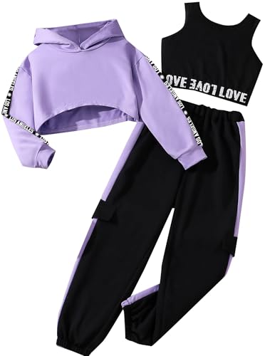 Hilinker Girls Graphic 3 Piece Outfits Workout Hoodie Crop Tank and Sweatpants Set