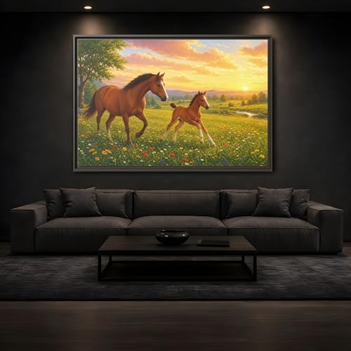 Tableau chevaux marron et or pour corriger le manque de luminosité d'un mur