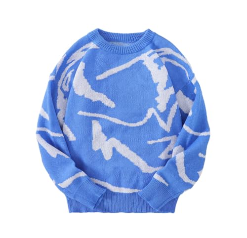 Men's Spring Autumn Casual Pullover - Graffiti Textured Pattern Round Neck Contrast Color Knitted Sweater