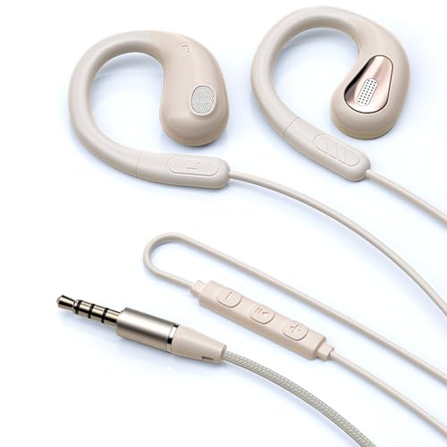 fesoklaf Auriculares con cable de 3.5mm con gancho para la oreja, auriculares abiertos para correr con micrófono y control en línea, auriculares de conducción aérea con cable, estéreo para deportes