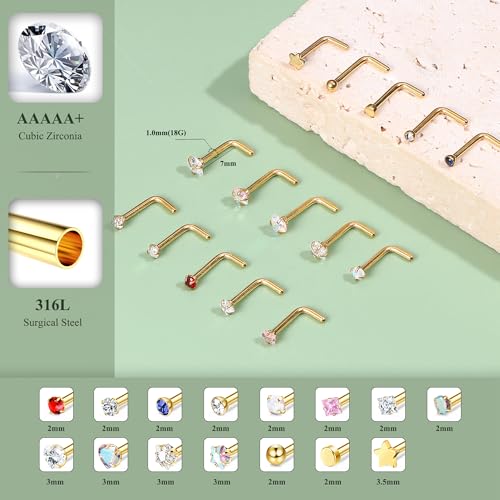 15Pcs 20G Nose Rings Surgical Steel Nose Studs 18G L Shaped Nose Stud Gold Nose Ring Stud CZ Opal Nose Ring Heart Cute L Shape Star Nose Piercing for Women Men2