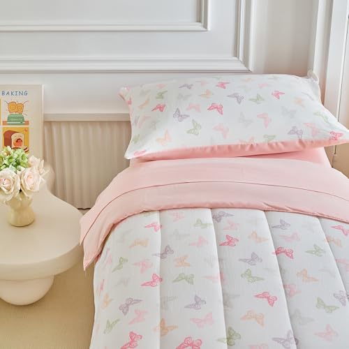 Image of Joyreap 4 Piece Toddler Bedding Set- Pink n Purple Butterflies Design, Microfiber Toddler Bedding Comforter Set for Girls