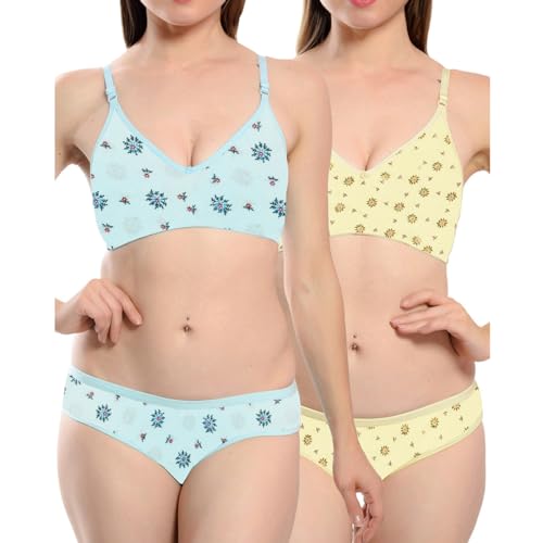 Image of Solid Printed Polka Cotton Bra & Panty Lingerie Set Combo for Women S to 3XL