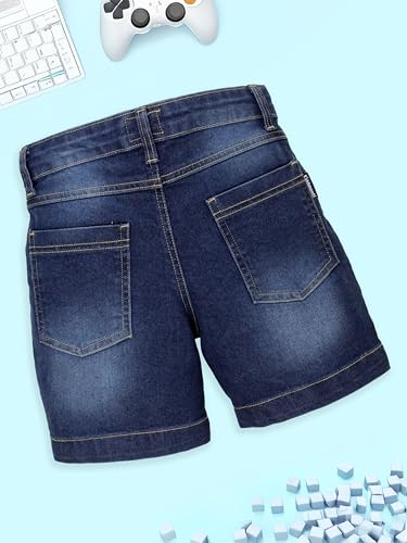 Image of KiddoPanti Boys Knee-Length Denim Shorts | Stretchable Cotton Poly Denim | Comfortable Fit with Button Elasticated Waistband & Zip Fly