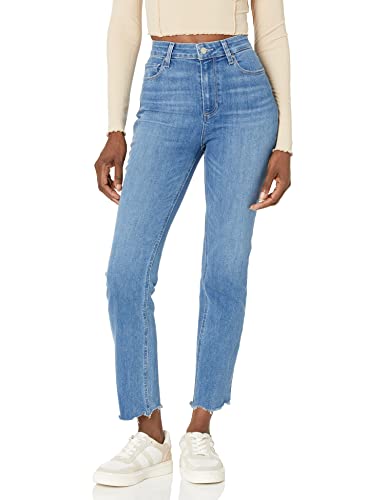 PAIGE Women's Flaunt Accent Ultra High Rise Straight Leg Jeans, Seine W/Ragged Fray Hem, 27