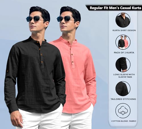 Image of Zombom Combo of Men's Solid Cotton Polyester Blend Full Sleeve Straight Kurta Shirt (Pack of 2)