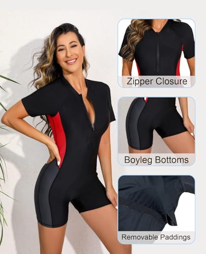Halcurt Women's Boyleg One Piece Rash Guard with Built in Bra UPF50+ Zip Long Sleeve Full Body Modest Swimsuit4