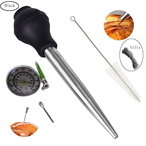 Acero inoxidable Turquía Baster jeringa inyector aguja con cepillo de limpieza bombilla de silicona de grado de alimentos y termómetro de cocina (algodón natural cuerda 10 m de longitud)