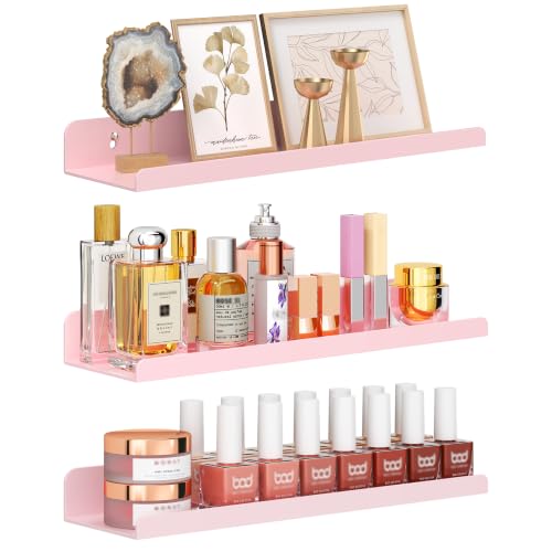 Image of Qukaka Floating Shelves for Wall Decor, 15 inch Wall Shelves for Bedroom, Living Room, Kitchen, Bathroom Decor, Nail Polish /Book /Decoration /Makeup /Perfume Organizer Floating Shelf-3Pack Pink