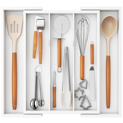 Lifewit Organizador Cajon de Utensilios Cocina, Bandeja para Cuchillos Extensible, Bambu Separador Set Cubiertos, Ajustables Divisores para Almacenaje Herramientas y Gadgets de Espátula, Grande Blanca