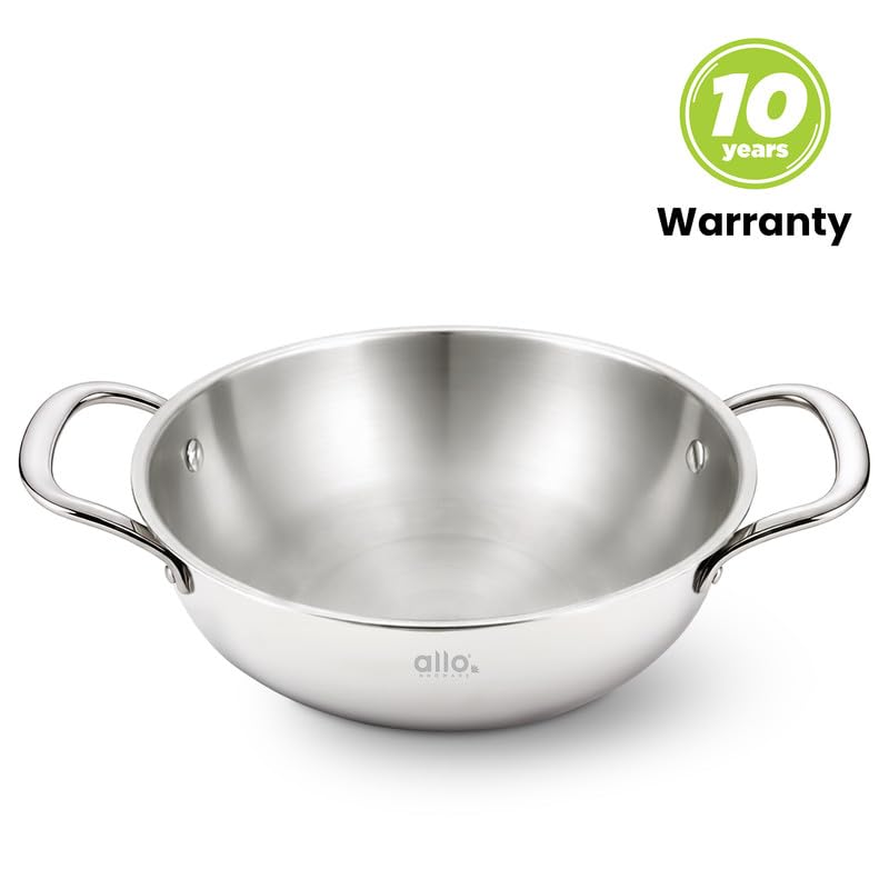 Image of Allo Triply Stainless Steel Kadhai with Handles|Perfect Kadhai for Curry /Stir-Fry /Deep-Fry /DryVeg /Saute Induction Friendly Naturally Non-Stick | 10 Years Warranty, Without lid