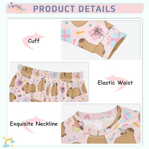 Cute Capybara Birthday Party Pink Cute Pajama Sets Long Sleeve Top and Pants, Snug Fit Sleepwear for Night Wears4