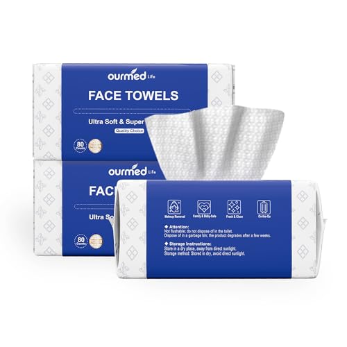 Image of Ourmed Life Face Towels, Disposable Biodegradable Clean Facial Towels for Sensitive Skin, Lint- free Face Cloths for Makeup Remover, Skincare and Women Cleaning, Dry Wipes,240 Count Dot Texture