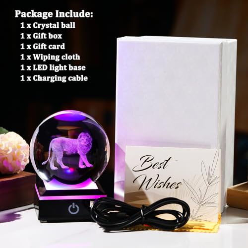 Image of Arikyrist 3D Lion Figurine Crystal Ball with LED Base Laser Lion Gifts for Men Women on Christmas Birthday Decorative Lion Statue Ball Glass Animals Globe Night Light for Home Decor (80mm)