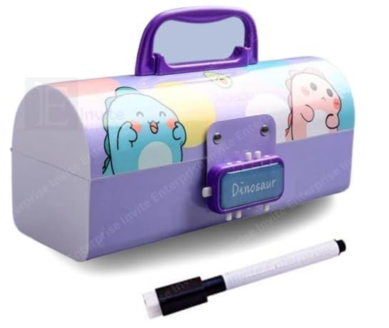 Image of WORSHIPER Cartoon Theme Pencil Box for Kids | Suitcase Style Password Lock Stationery Organizer | Multi-Layer Pen & Pencil Case for Boys & Girls (DPPB - Dino Purple)