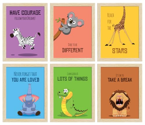 Image of ArtX Paper Cartoon Animals Motivational Quotes Wall Paintings For Kids Room, Funny Animals Kids Room Wall Frame, Decoration, A4 Size, Multicolor, Synthetic Wood, Set Of 6
