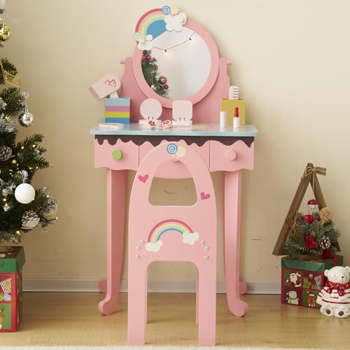 Image of Princess Vanity Table with Lights,Princess Makeup Vanity Desk with Storage Drawer, 2 in 1 Vanity Table & Chair Set with Mirror for Girls (Style 2-Pink)