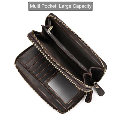 LUUFAN Genuine Leather Wallet Double Zipper Long Wallet Large Capacity Purse Clutch Bag Handbag Pouch Cash Cards Checkbook Wallet, Dark Brown — view 4