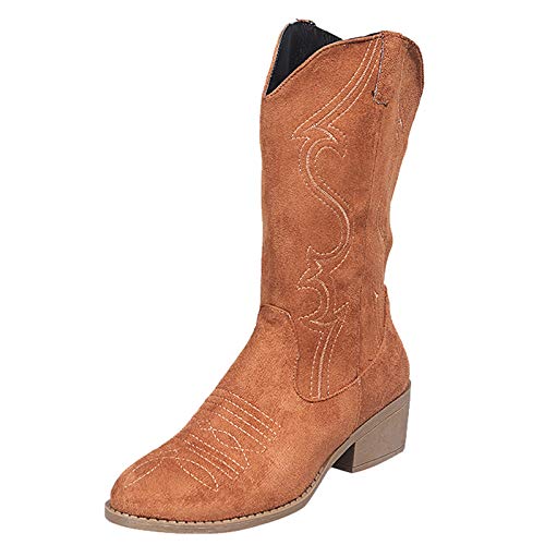 Hbeylia Cowboy Boots For Women Boho Embroidered Suede Wide Calf Western Cowgirl Boots With Side Zipper Bohemian Retro Chunky Low Heel Mid Calf Riding Boots Dress Winter Shoes For Ladies 5