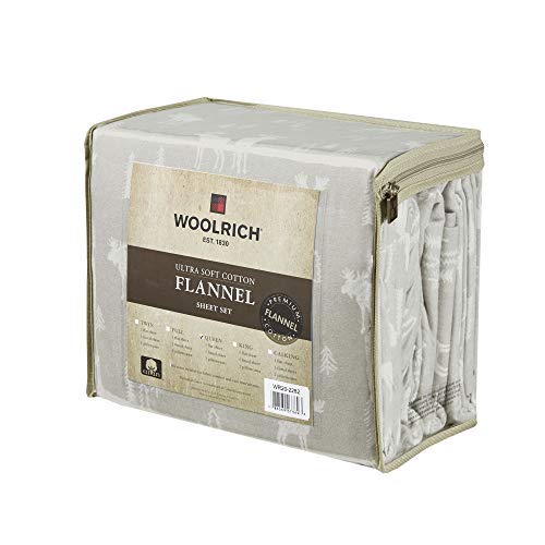Image of Woolrich Cotton Sheet Set Cottage Charms Print, 100% Cotton Flannel Sheets Warm & Fuzzy Bedding Set Queen Size Sheets, Fitted Pocket Fits Up to 14 inch Mattress, Queen Grey Moose, 4 Piece