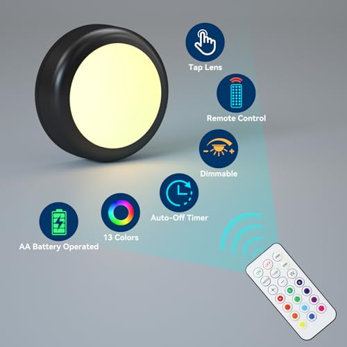 Image of LED Puck Lights with Remote, 13-Color Under Cabinet Lighting Wireless, Battery Operated Stick-On Lights, Dimmable Push Light for Closet /Shelf /Wall (Black-6 Pack)