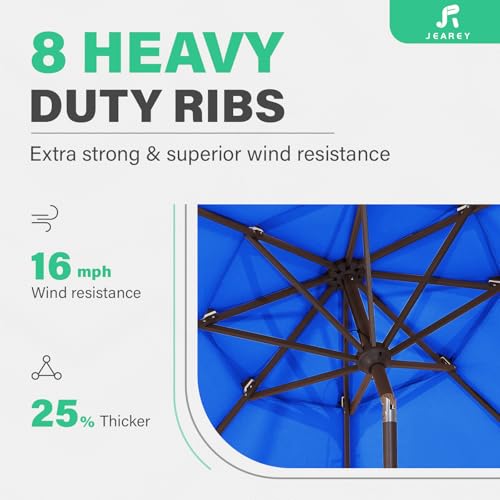 Image of JEAREY 9FT 3 Tier Patio Umbrella Outdoor Market Umbrella Table Umbrellas with 8 Ribs 1.5 Pole Push Button Tilt and Crank UV Protection for Garden,Royal Blue