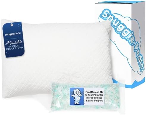 Snuggle-Pedic Adjustable Cooling - Shredded Memory Foam Pillows for Side, Stomach & Back Sleepers - Fluffy or Firm - Keeps Shape - College Dorm Room Essentials for Girls and Guys - Queen