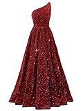 Long Sequin Prom Dresses with Pockets One Shoulder Sparkly Burgundy Ball Gown for Women Long Aline Evening Formal Pageant Bridal Gowns Size 6 Burgundy