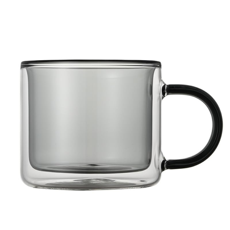 soulnioi 300ML Colored Double Walled Glass Coffee Mugs, Glass Water Cup Milk Cup Tea Mug Insulated Coffee Mug with Handle for Hot&Cold Drink (Grey)