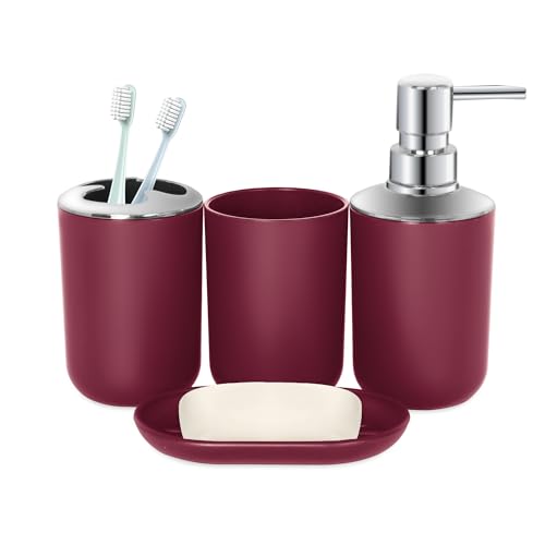 Seeatoo Wine Red Bathroom Accessories Set 4 PCS, Wine Red Bathroom Accessories, Plastic Soap Dispenser Toothbrush Holder Set Soap Dish and Mouthwash Cup, Boho Bathroom Decor, Bathroom Set