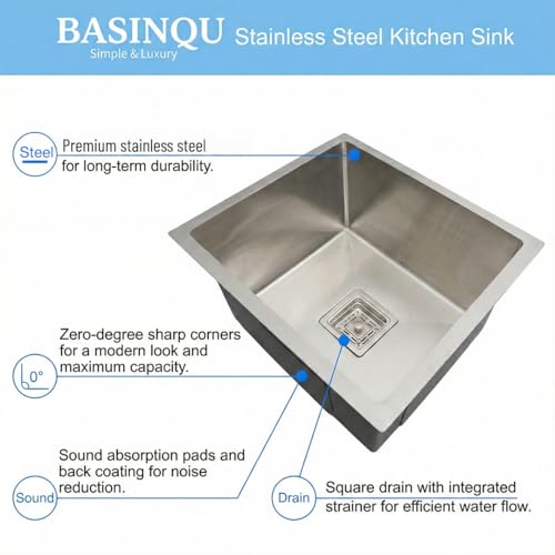 Image of BASINQU Kitchen Sink 24x18x10 Inch Handmade Single Bowl Sink 304 Grade Stainless Steel Sink for Kitchen Basin with Tap Hole Brushed Matte Finish Coupling Fruit Tray Hose Pipe