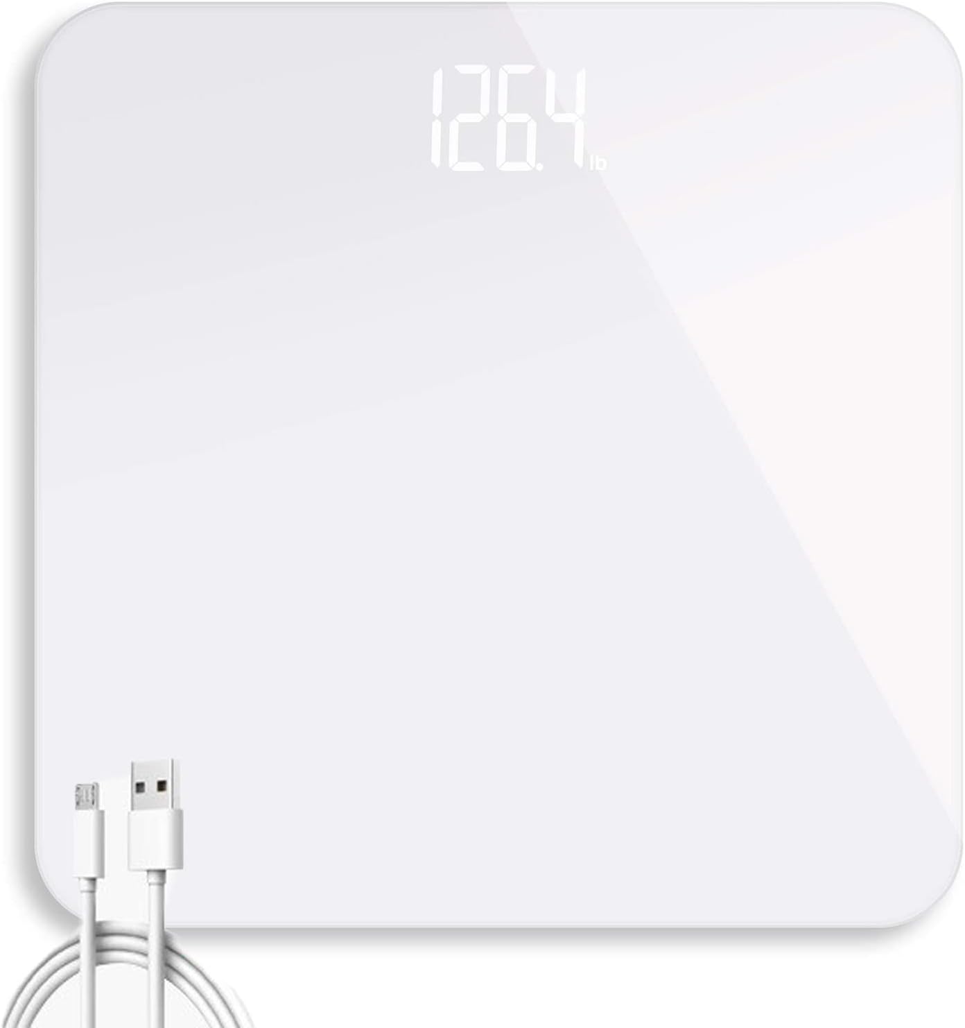 Arabest Bathroom Scale, Invisible-Backlit Screen Digital Body Weight Scale with Easy Read LCD, USB Charging Round Corner Design Scratch Resistant Accurate Glass Scale (Up to 400 Pounds, White)