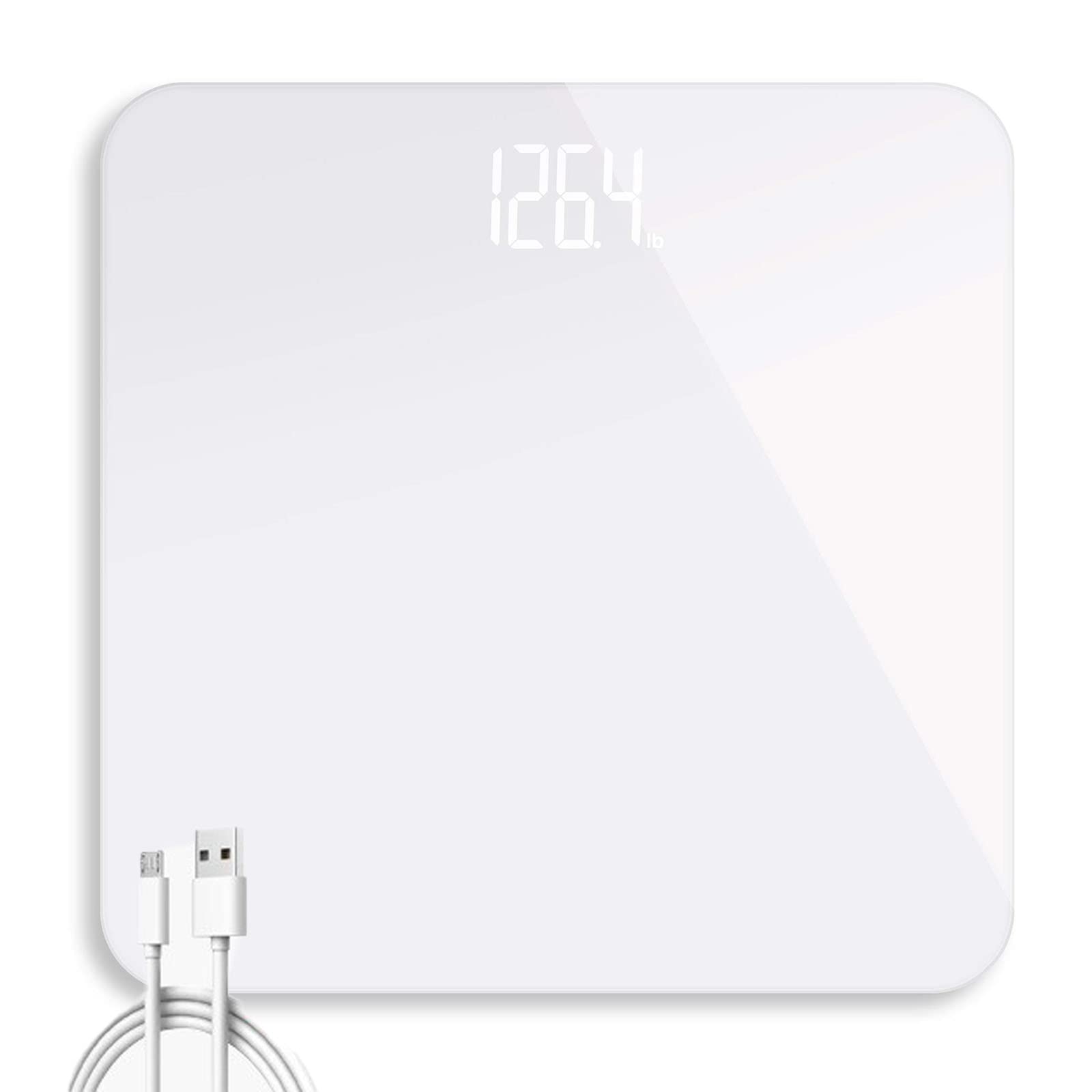 – Bathroom Scale, Invisible-Backlit Screen Digital Body Weight Scale with Easy Read LCD, USB Charging Round Corner Design Scratch Resistant Accurate Glass Scale (Up to 400 Pounds, White)