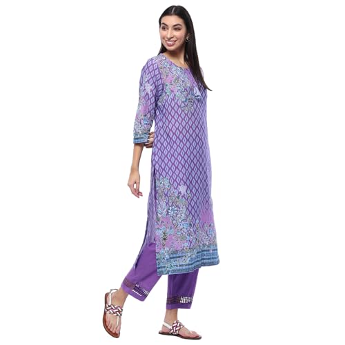 Image of BIBA Women's Purple Cotton Straight Suit Set