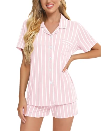 Image of SWOMOG Womens Button Down Pajamas Set Short Sleeve Sleepwear Bride Soft Pj Lounge Sets XS-3XL