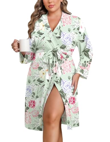 Image of Ekouaer Women Plus Size Robe Knee Length Lightweight Bathrobe Short Kimono Robes with Pockets Maternity Robe