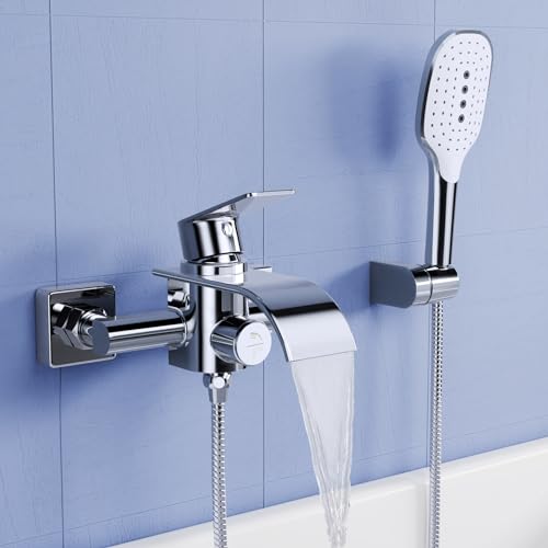 KULACO Robinetterie de baignoire avec douchette, Robinet de baignoire cascade, Mitigeur de douche en laiton avec 3 fonctions, Robinetterie de baignoire avec...