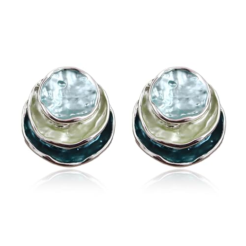 QLYOVWE Hammered Gold Disc Coin Stud Earrings for Women Handmade 3-layer Colorful Circle Round Earrings Aesthetic Statement Earrings Nnique Minimalist Jewelry (Blue Green Deep Blue)