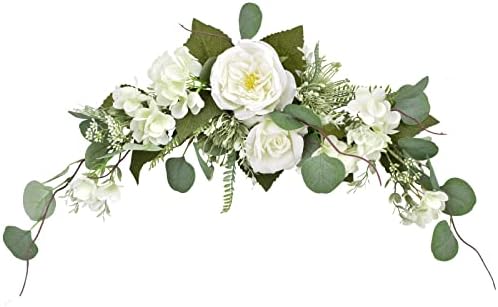 I-GURU White Decorative Swag Artificial Flower 28 Inch, Hydrangea Swags with Frech Rose for Home Room Door Wall Wedding Arch Garden Party Tabletop Decoration