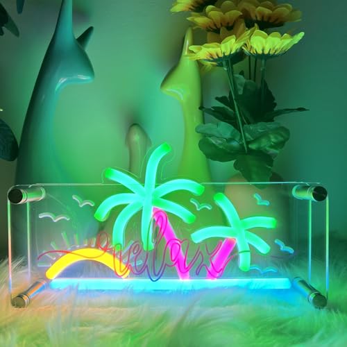 Image of Palm Tree Coron Neon Signs, Desktop decorative light for Home Decor, Bedroom, Living Room, Bathroom, Office, Wedding, Party, Bar, 9.84x5.5x2.16inches (Tropical)