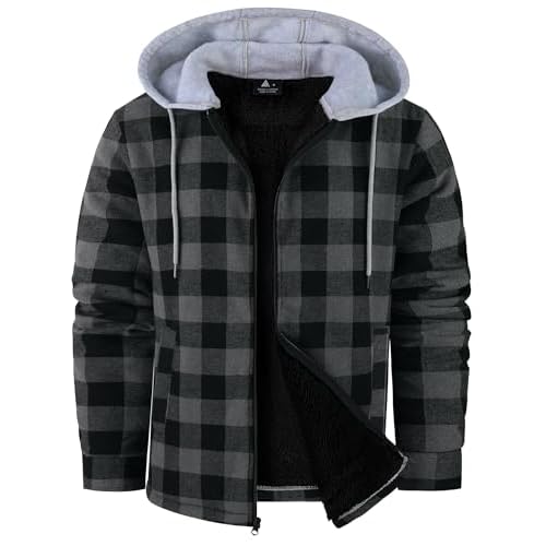 ZITY Men's Flannel Fleece Hoodie Plaid Sherpa Lined Jackets Zip Up With Pocket B Grey X-Large