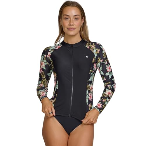 Image of Hurley Rash Guard for Women Full Zip, Zip Up Long Sleeve Swim Shirts for Women, Surfing Top UPF 50+ SPF Sun & UV Protection