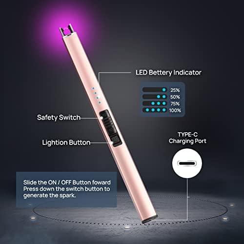 Lighter Candle Lighter, Electric Lighter USB Rechargeable Lighters Have Triple Safety and LED Battery Display, Windproof Flameless Plasma Arc Lighter for Candle Camping Grill (Rose Gold)
