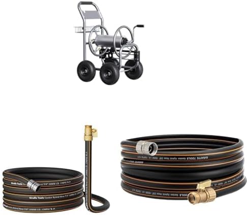 Giraffe Tools Water Hose Reel with Wheels,250ft Hose Capacity+ 5/8" 25ft Female to male Garden Hose+5/8" 35ft Female to male Garden Hose