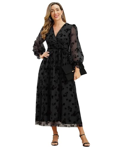 Mesh Sleeve Embroidery Floral Dress for Women Flower Embroidered Tulle Prom Dress with Belt Sheer Puff Long Sleeve Wedding Guest Dress Fall Casual Cocktail Party Dress Tulle Homecoming Dresses Black L