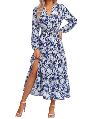 Image of GRACE KARIN Women's Floral Maxi Dress 2026 Fall Long Sleeve V Neck Empire Waist A Line Flowy Dress with Pocket