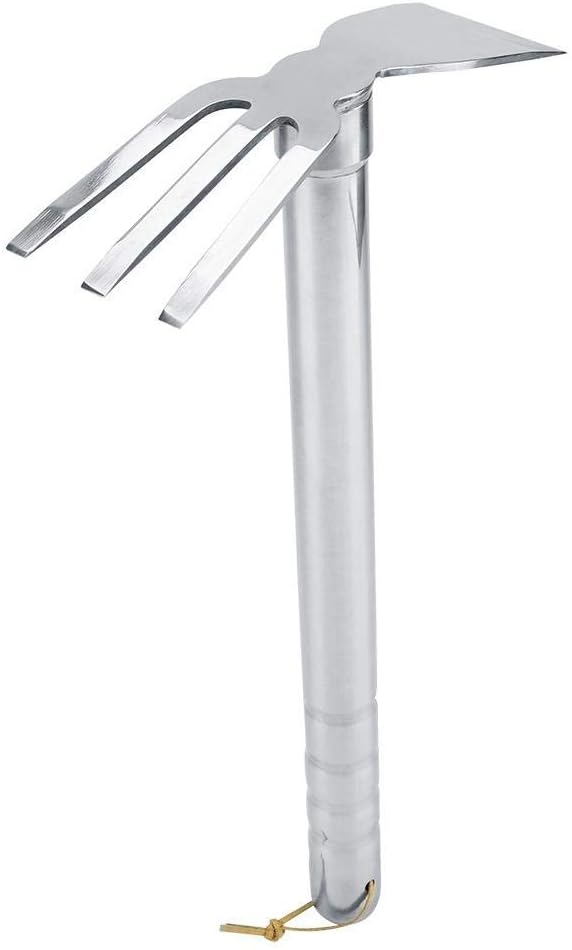 Hoe and Rake Dual Purposes Steel Mini Rake Rubber Handle Short Claw Rake Cultivator Outdoor Garden Tool for Loosening Soil Weeding Digging